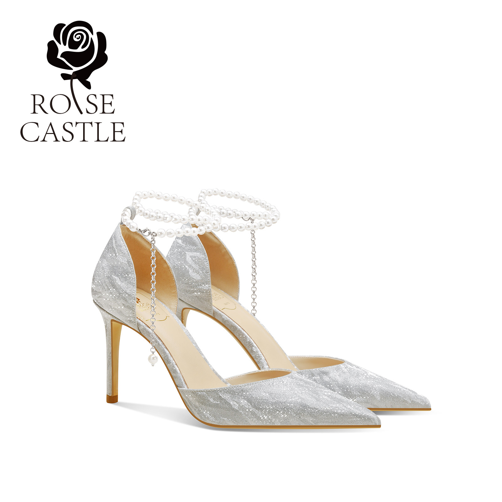 rosecastle 婚鞋女新娘鞋夏季新款珍珠一字带中空凉鞋绝美