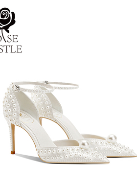 rose castle婚鞋女一字扣主婚纱新娘鞋法式白色高跟绸缎礼服单鞋