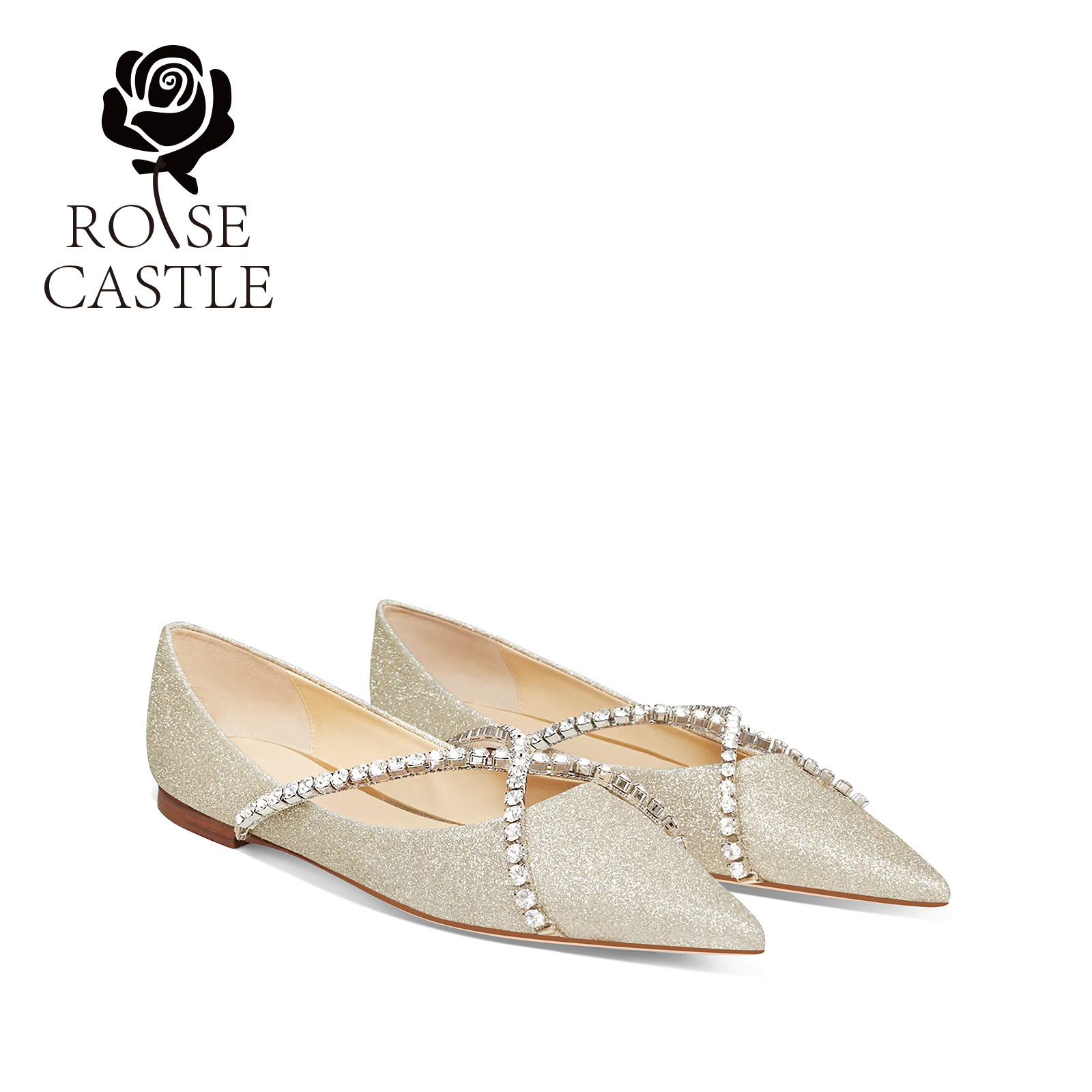 rose castle浅口气质单鞋浅金色格利特平底鞋水晶交叉绑带婚鞋女,女鞋,婚鞋,淘宝优惠券,粉丝福利购,淘宝优惠卷