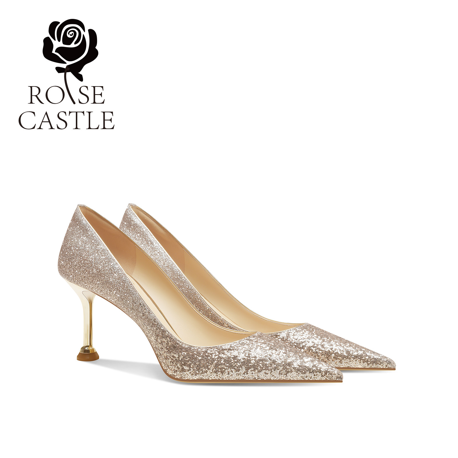 rosecastle 婚鞋女金色猫跟尖头细跟高跟鞋婚纱秀禾两穿新