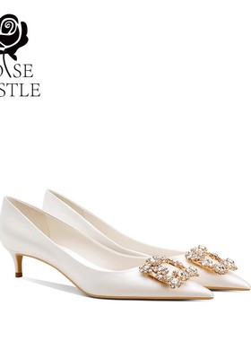 rose castle商场同款婚鞋女白色低跟婚鞋水钻新娘鞋礼服绸缎单鞋