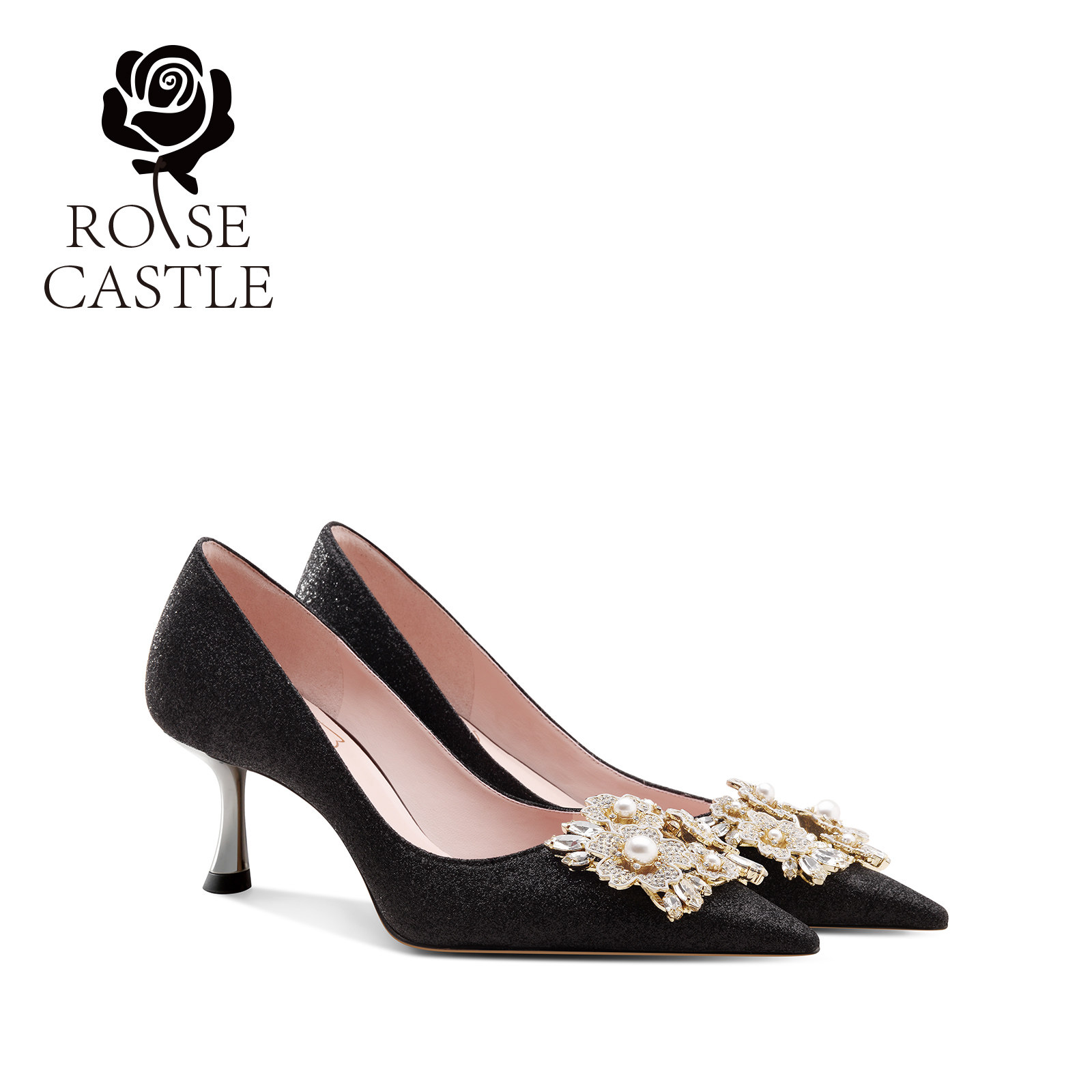 rose castle璀璨之花气质轻奢法式时尚尖头浅口优雅黑色百搭单鞋,女鞋,浅口单鞋,淘宝优惠券,粉丝福利购,淘宝优惠卷
