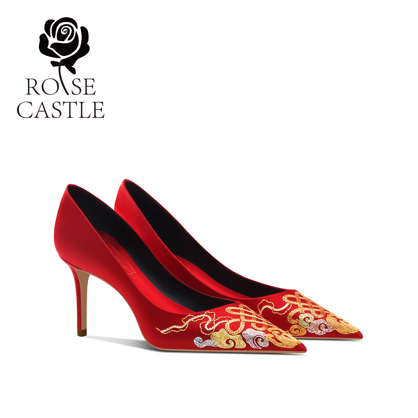 佛手良缘rose castle 原创手工刺绣秀禾婚鞋女红色绸缎高跟新娘鞋