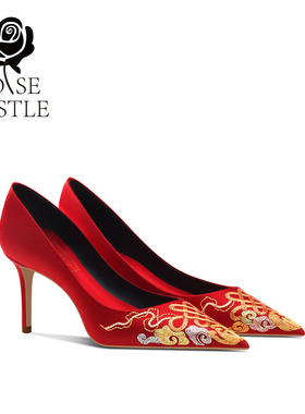 佛手良缘rose castle 原创手工刺绣秀禾婚鞋女红色绸缎高跟新娘鞋