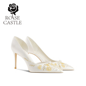 宴会礼服单鞋 蔓藤少女rose 婚鞋 女白色侧空高跟鞋 castle 手工法式