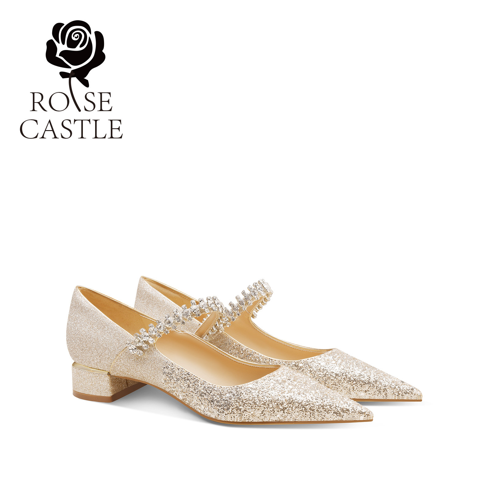 踏入星河 rose castle金色亮片婚鞋女水钻一字扣低跟不累