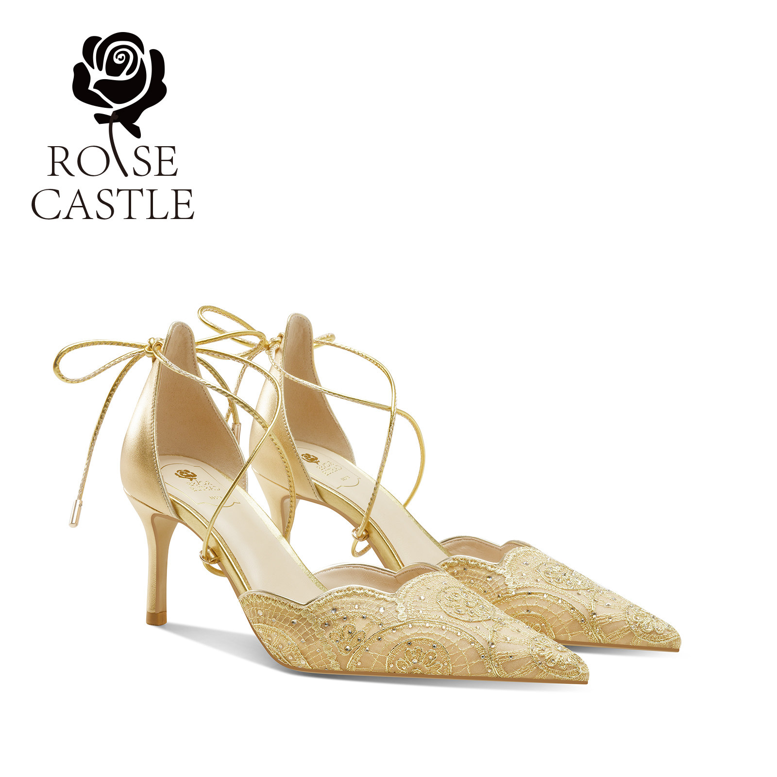 颖儿同款金履华宴rosecastle婚鞋女蕾丝绑带高跟鞋夏季凉鞋