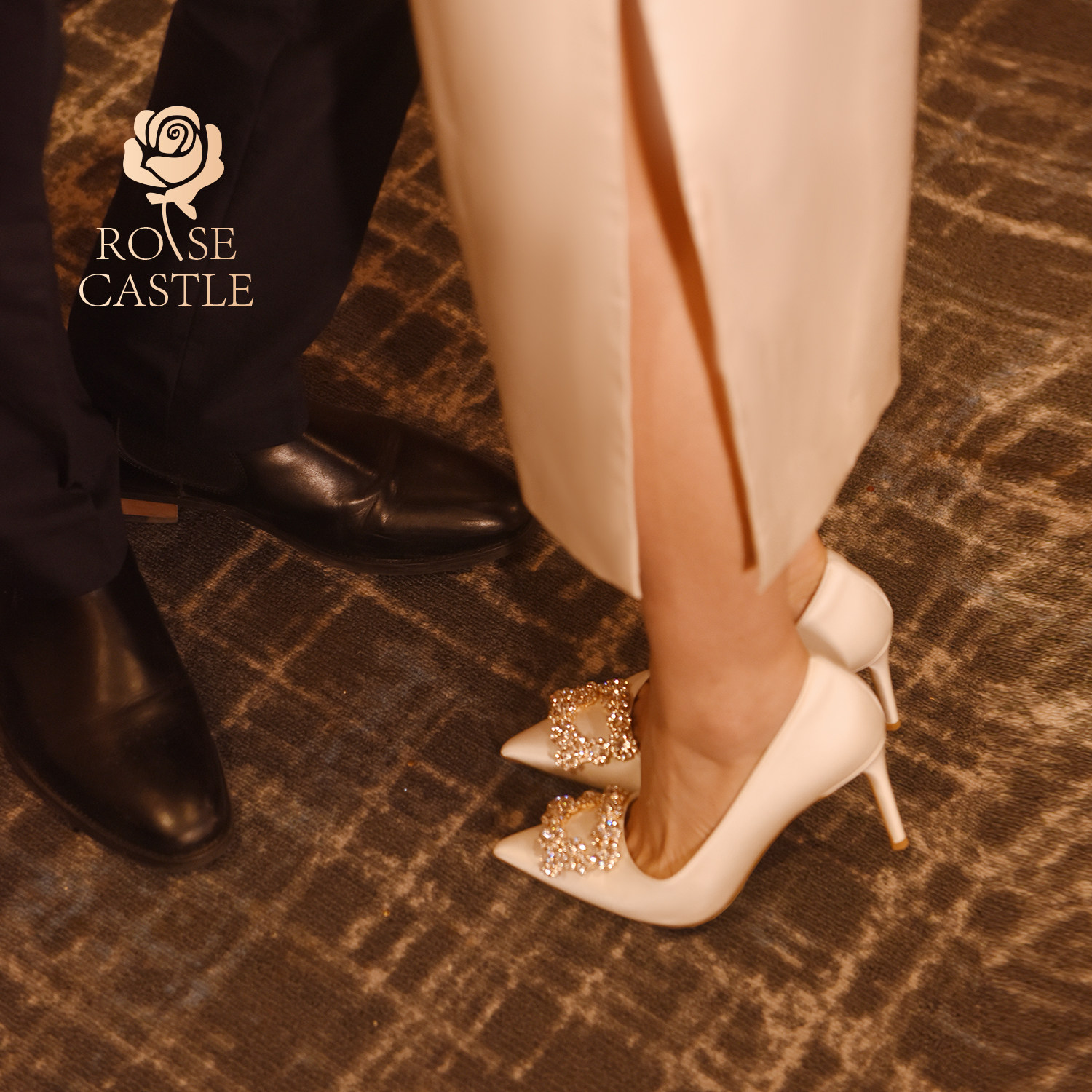 rosecastle订婚鞋白色缎面细跟不累脚高跟鞋女新娘敬酒鞋旗