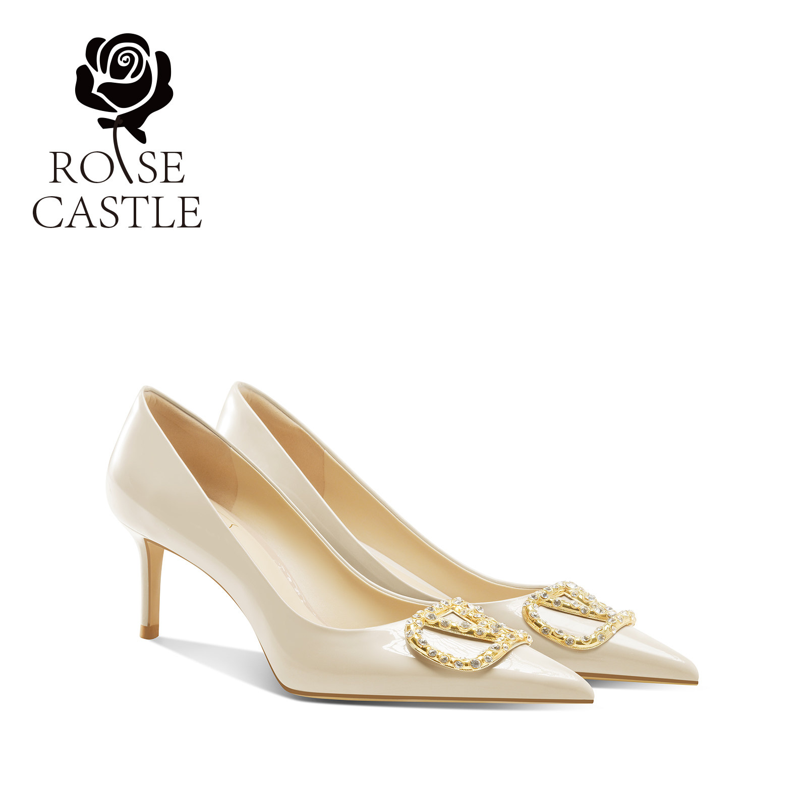 素履双生 rosecastle 轻奢尖头浅口单鞋女金属扣漆皮细跟高跟鞋