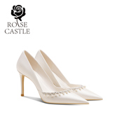 castle白川絮语法式 婚鞋 女白色绸缎高跟鞋 rose 订婚宴会礼服鞋