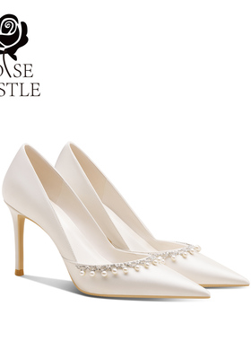 rose castle白川絮语法式婚鞋女白色绸缎高跟鞋订婚宴会礼服鞋