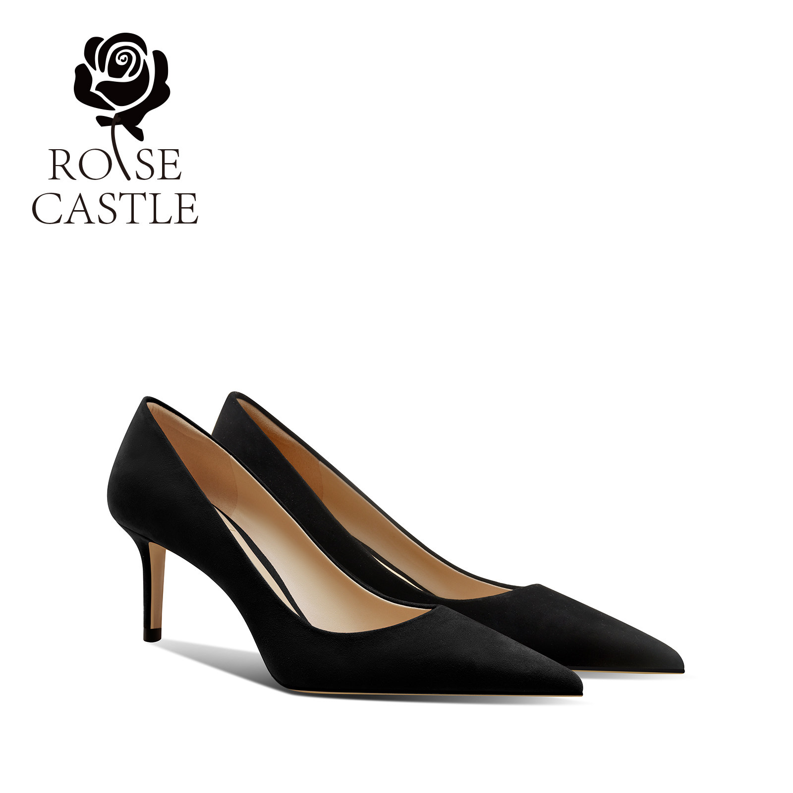 颖儿推荐rosecastle黑色羊反绒高跟鞋女细跟日常通勤尖头浅口单鞋
