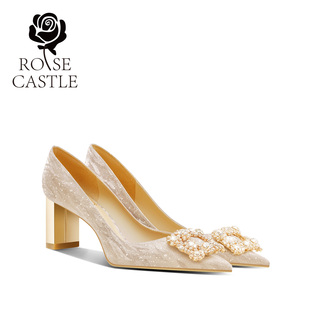 群星閃耀rose 女新娘鞋 主婚紗日常兩穿粗跟水晶高跟鞋 castle婚鞋