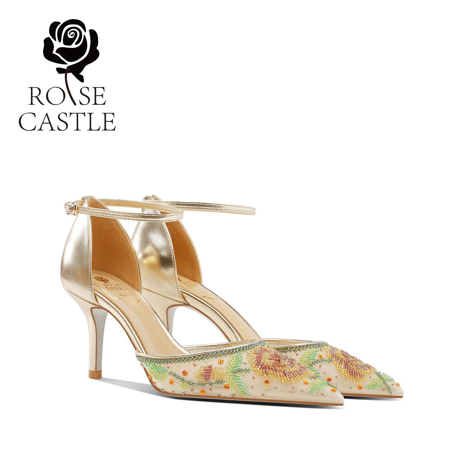 香槟玫瑰rosecastle婚鞋女新娘鞋2023夏季新款一字带高