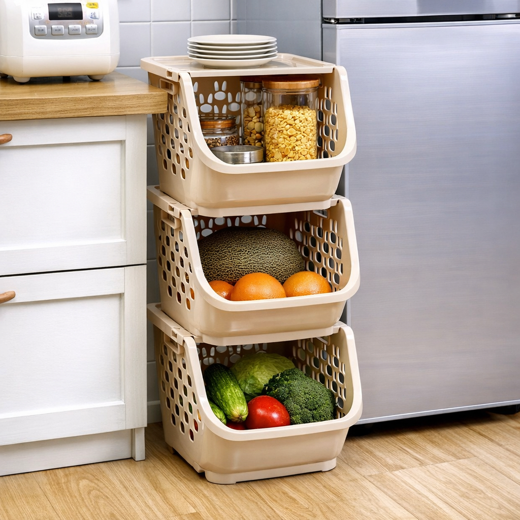 日式厨房塑料收纳架放蔬菜水果置物架菜架子落地多层置物筐免打孔