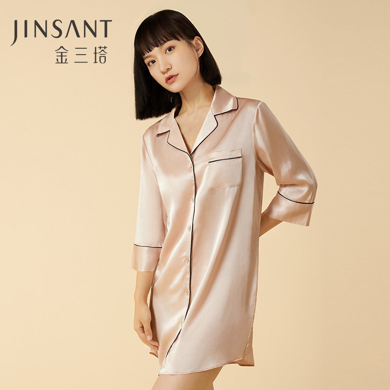 金三塔真丝睡裙女100%桑蚕丝衬衫式性感舒适可外穿红色长袖睡衣