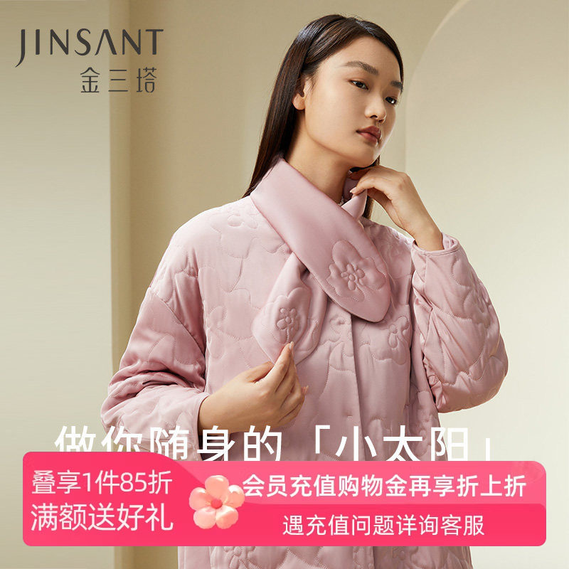 金三塔睡袍女士秋冬桑蚕丝填充加厚带围脖保暖长袖浴袍睡衣家居服