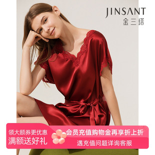 100%桑蚕丝红色短袖 金三塔真丝睡裙女夏季 蕾丝凉感宽松舒适睡衣