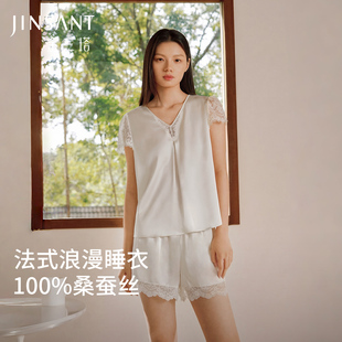蕾丝家居服 短裤 金三塔真丝睡衣女夏天新款 100%桑蚕丝宽松舒适短袖