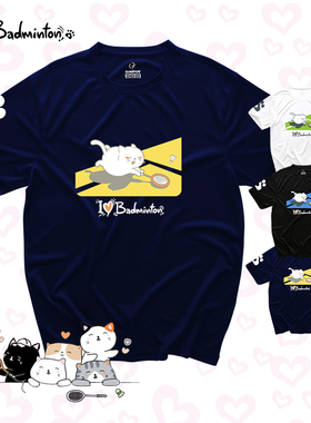 badminton速干羽毛球文化衫男女短袖上衣猫咪T恤跑步运动服印字夏
