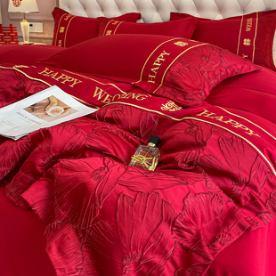 轻奢高级感结婚四件套大红色床单被套新婚庆床上用品喜被婚嫁婚礼