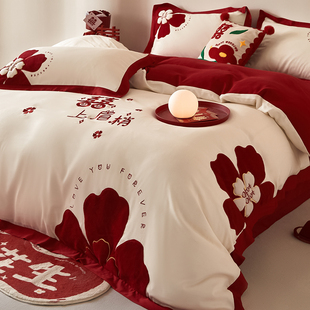 轻奢结婚喜庆四件套刺绣高级感红色被套床单新婚婚庆陪嫁床上用品