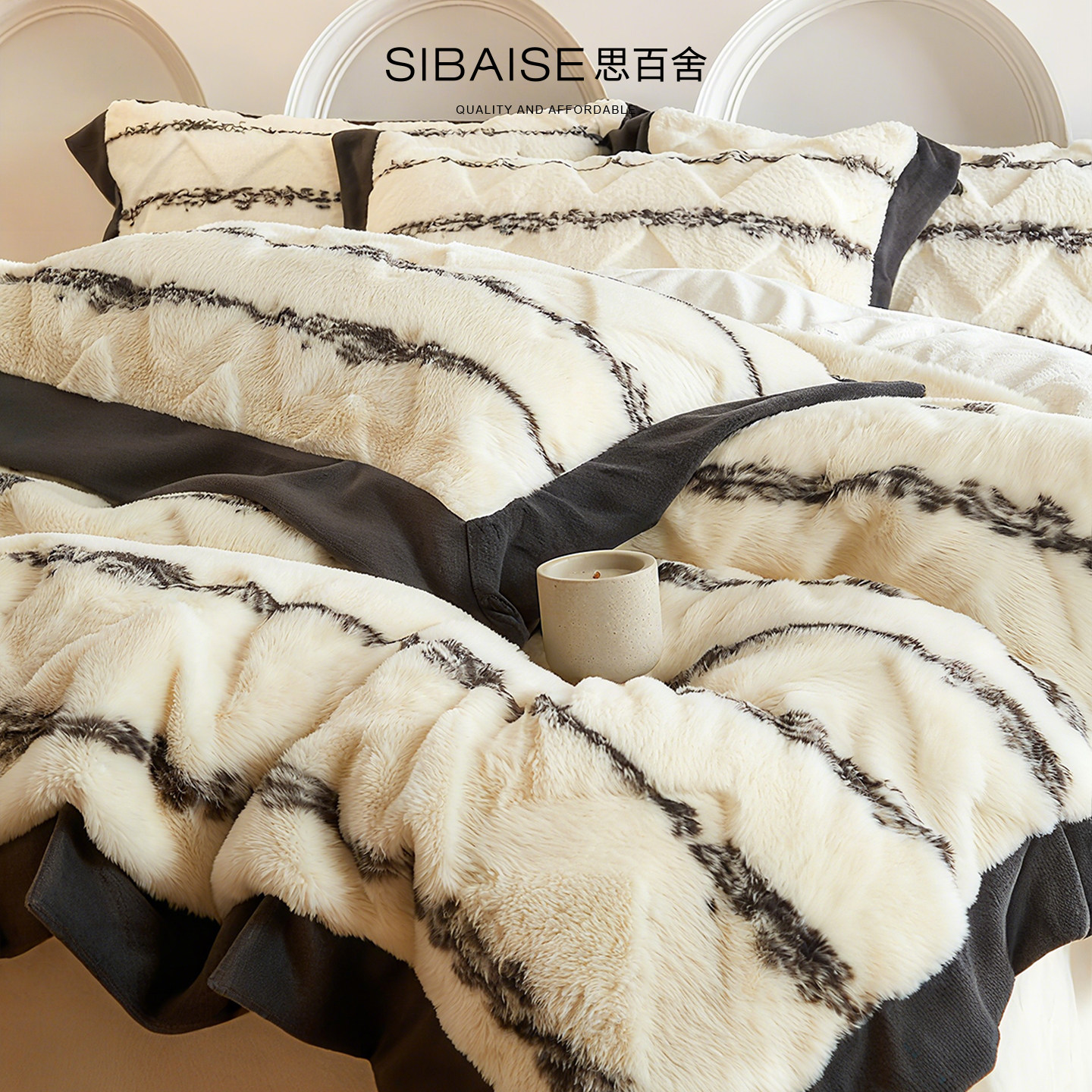 高端皮草感兔毛绒四件套牛奶绒冬加厚条纹珊瑚绒被套床单床上用品