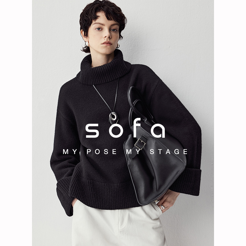 sofa|高奢定纺&高克重100%全羊毛极简廓形倒T纸片人卷袖高领毛衣