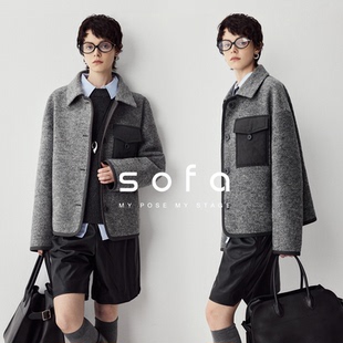 sofa 重磅意大利立体圈圈羊毛时髦贴袋毛呢夹克外套女秋冬小个子