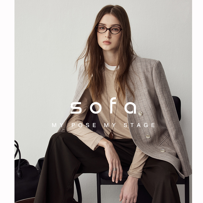 sofa棉麻混纺时髦无领廓形西装