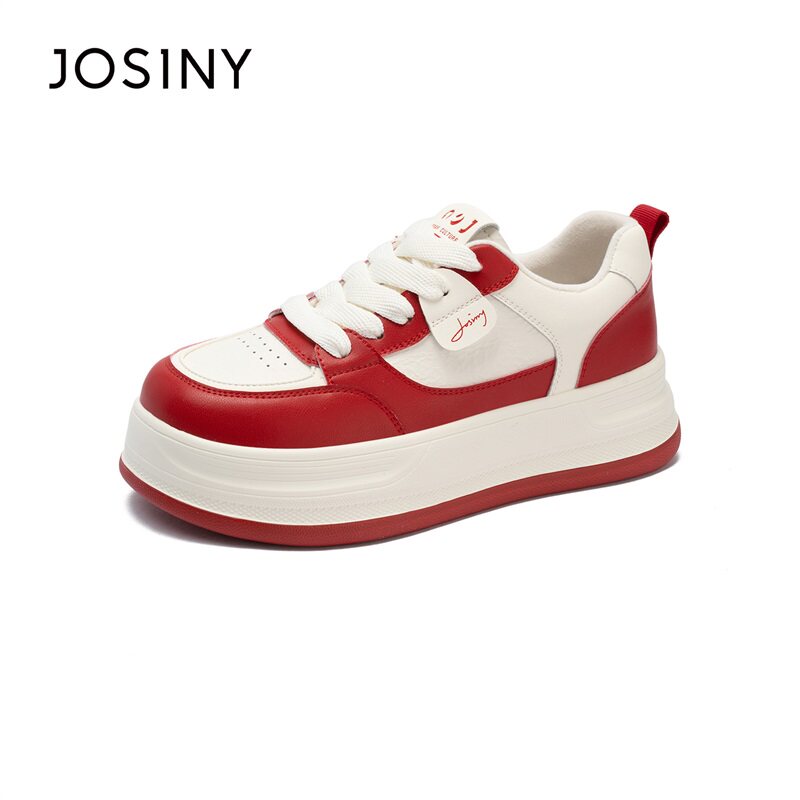 卓诗尼2025年冬季厚底板鞋女红白拼色系带休闲鞋百搭增高运动鞋,女鞋,休闲板鞋,淘宝优惠券,粉丝福利购,淘宝优惠卷