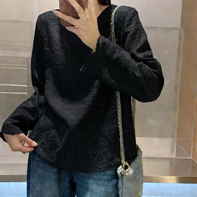 诺诺设计领重工刺绣时尚百搭浮光锦浮雕小衫（含30真丝）YS2-t282