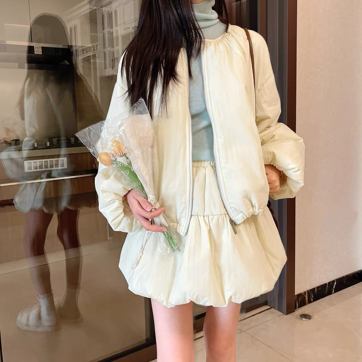 诺诺风拉链设计感棉服保暖短外套+显瘦花苞短裙半身裙套装A99043