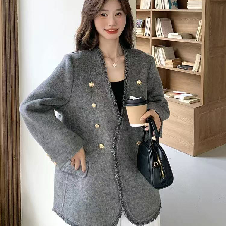 诺诺简约气质V领流苏双排扣羊毛外套（含100澳毛）n722