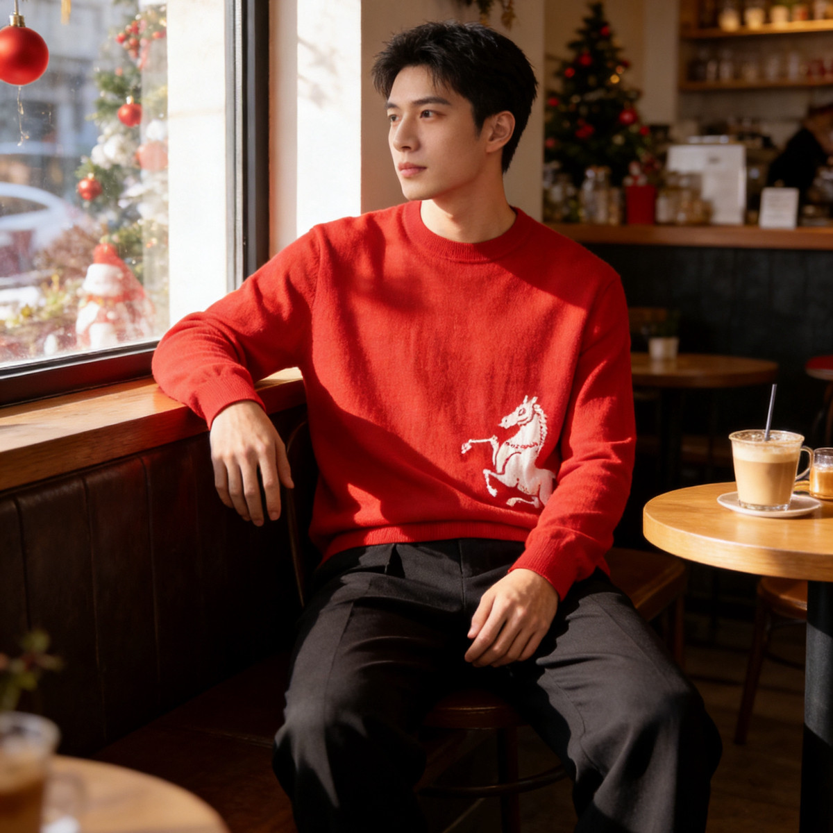 诺诺冬上新男女同款新年红生肖小马提花圆领长袖羊绒衫R90957,自行车/骑行装备/零配件,自行车整车大保养工时,淘宝优惠券,粉丝福利购,淘宝优惠卷