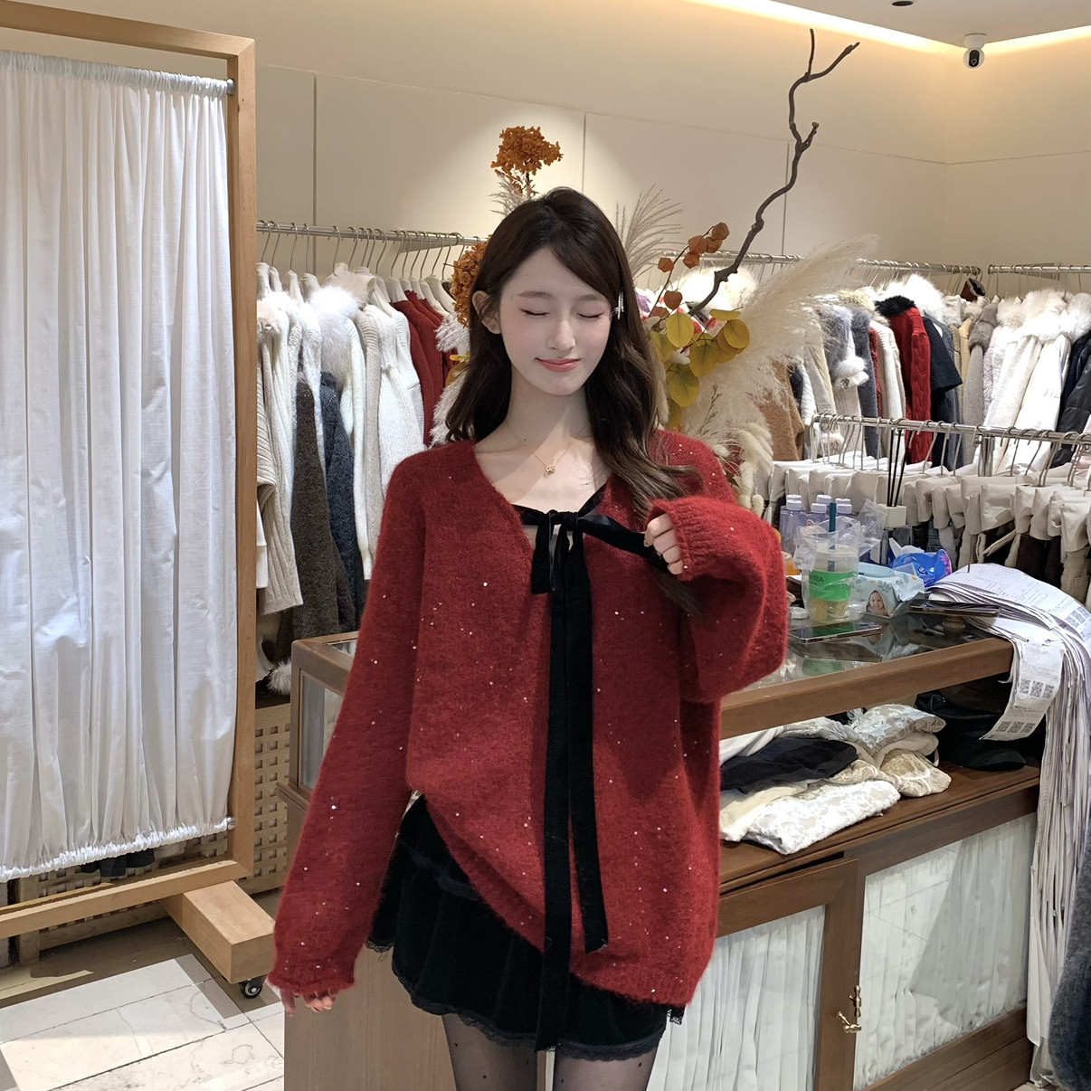 诺诺小众品自带节日Buff～派对版丝绒蝴蝶结细闪亮片毛衣80668