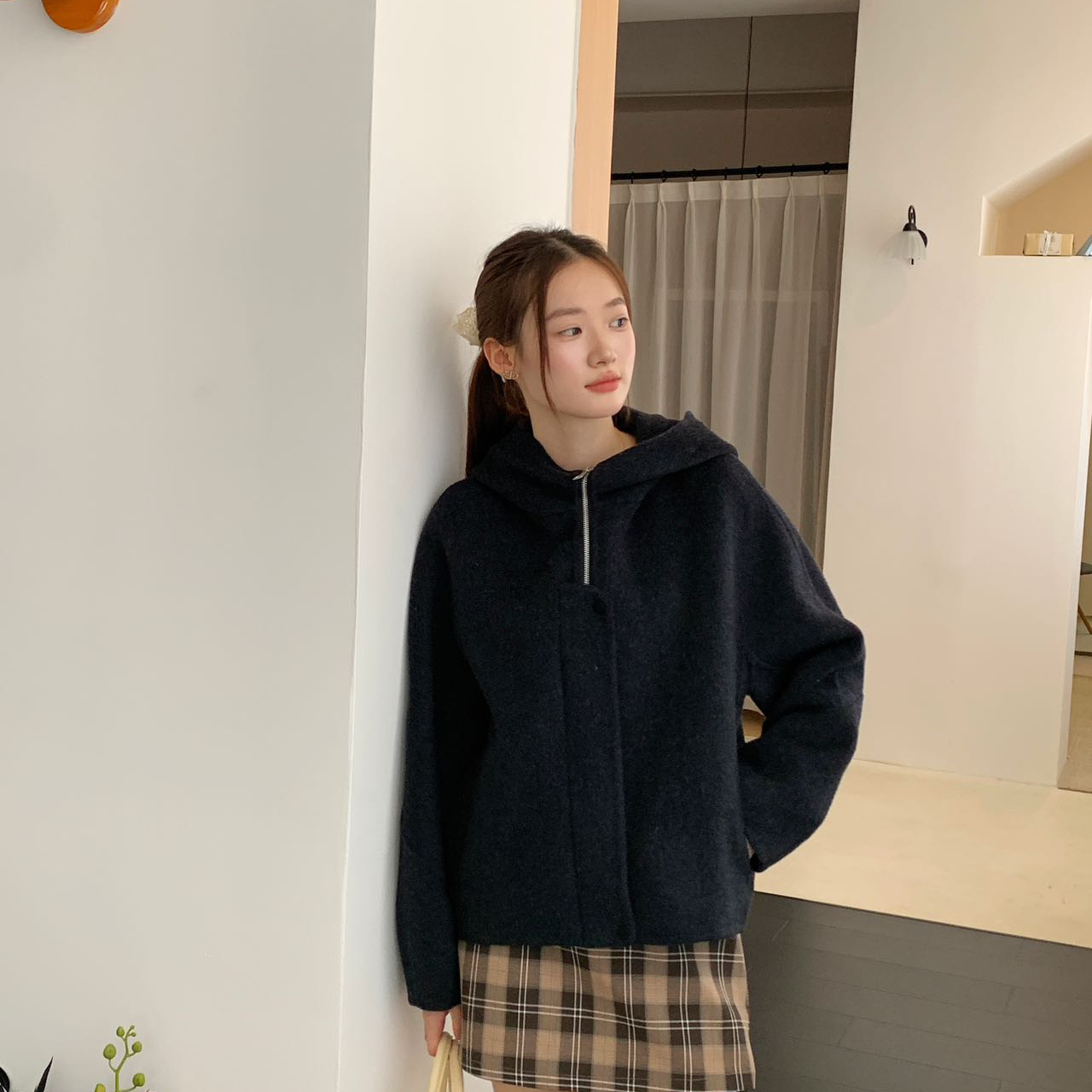 诺诺设计韩系连帽拉链宽松百搭羊毛外套（含100羊毛）YY3613599