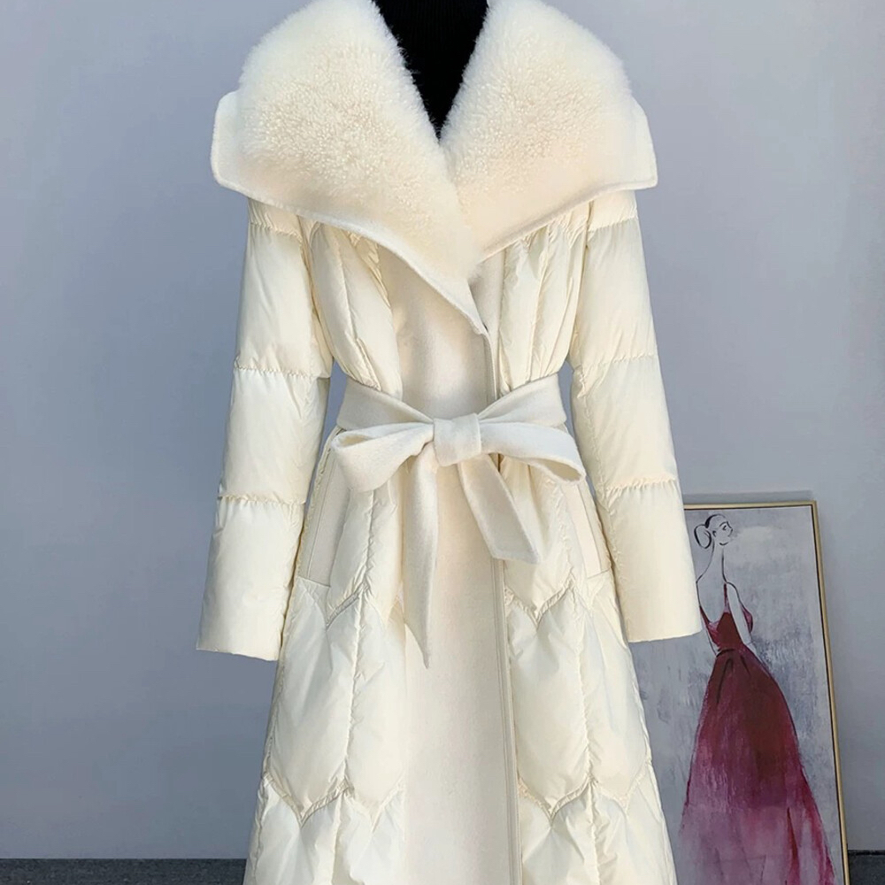 诺诺领皮草鹅绒服女长款过膝白鹅绒高端修身羽绒服(配腰带)2553