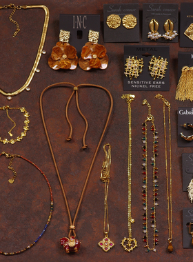 珐琅釉红色小象虎眼石女项链耳钉