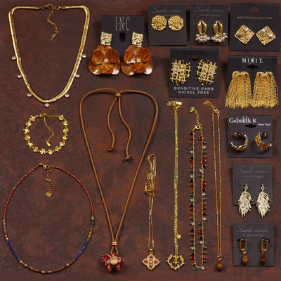 珐琅釉红色小象虎眼石女项链耳钉