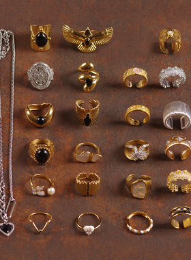 黑色玻璃水晶珍珠贝壳夸张女戒指