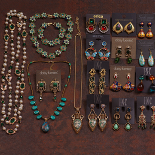 51欧美复古夸张珐琅釉民族蓝绿花朵蝴蝶中古着港风手项链耳环夹钉