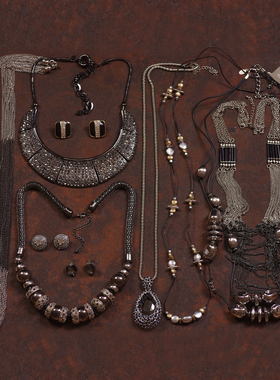 欧美复古夸张枪黑长项毛衣链耳环