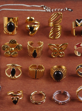 黑色玻璃水晶钛钢叠戴通勤戒指环