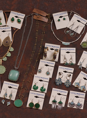 X6蓝绿色复古LK出口瑕疵品长款毛衣链石头重工处理项链耳环夹钉女