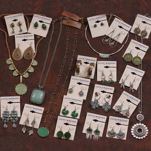 X6蓝绿色复古LK出口瑕疵品长款毛衣链石头重工处理项链耳环夹钉女