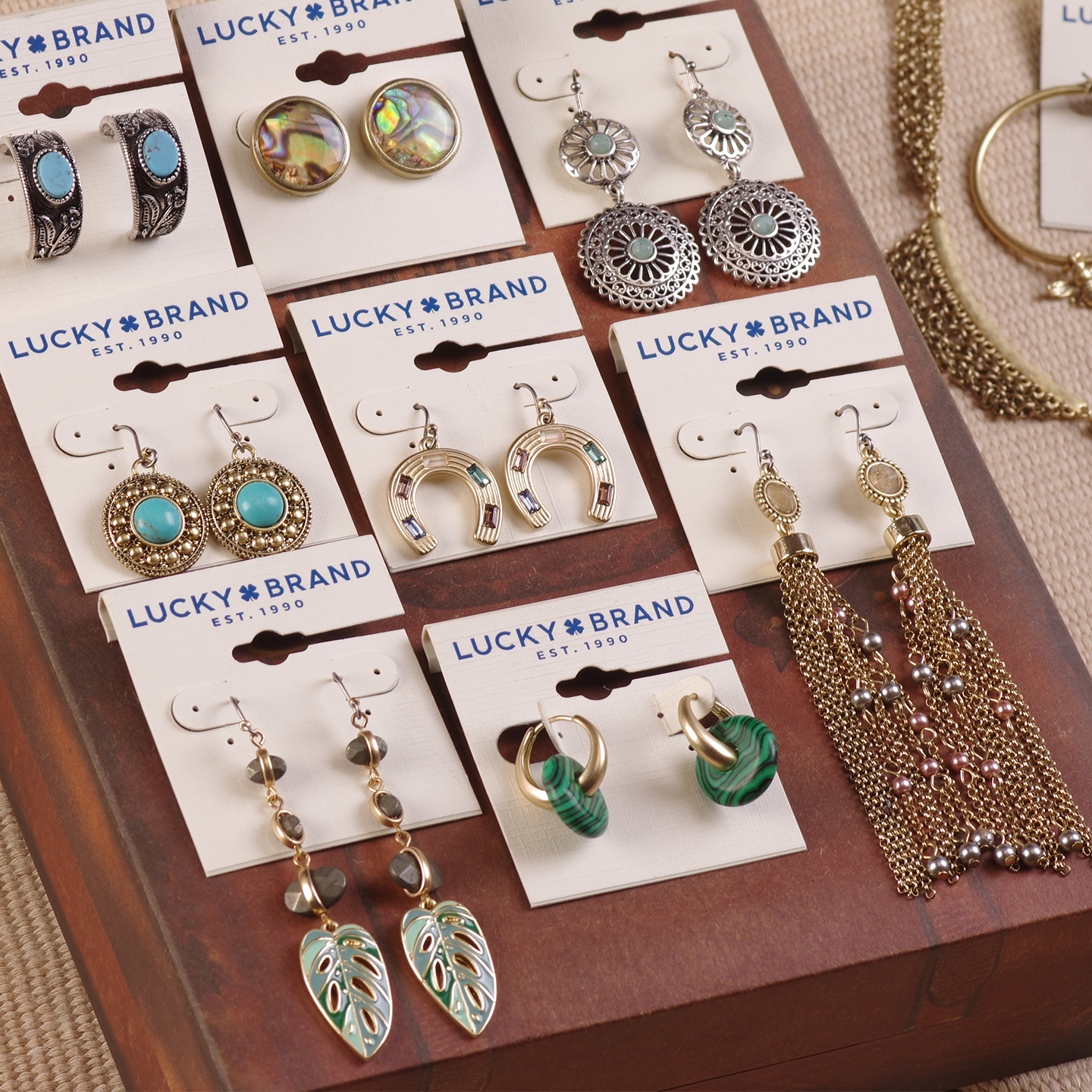 蓝绿色流苏镂空叶子耳钉环饰夹