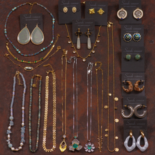 J71天然淡水珍珠石头串珠钛钢叠戴珐琅釉手工项链耳环夹钉女复古