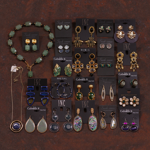 39欧美港风复古蓝绿色石头贝壳珐琅釉夸张拍照度假项链耳环夹钉女