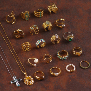 J4天然淡水珍珠锆石贝壳花朵眼睛十字架法式 叠戴港风项链戒指环